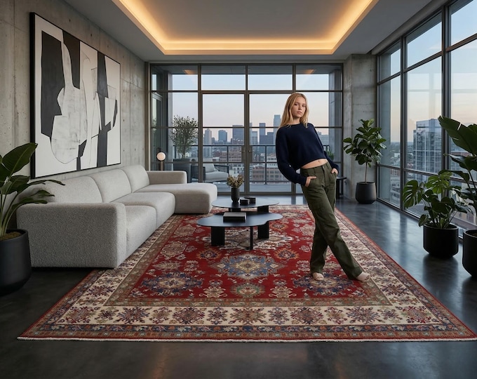 8 X 10 ft Red and Beige Geomatrical Handmade , Super Kazak Cotton and Wool