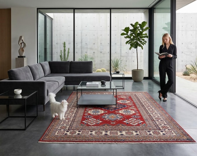 5 X 6 ft Red and Beige Geomatrical Handmade , Super Kazak Cotton and Wool