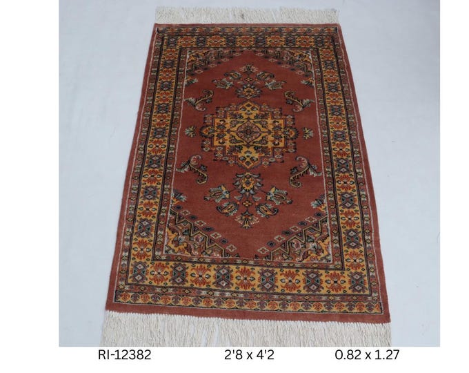 Hand-knotted Cotton Wool Silk Rug, Geometric Copper and Yellow, 2.8 x 4.2 ft