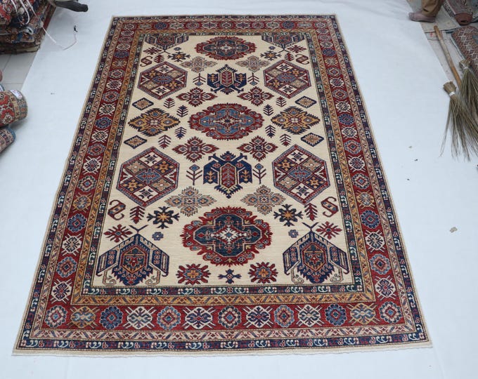 Hand-knotted Super Kazak Cotton and Wool Rug, Geomatrical in Beige base and Red border, 6.6 X 9.8 ft