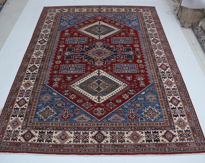 7.10 X 10.9 ft Beige and Blue Geomatrical Handmade , Super Kazak Cotton and Wool