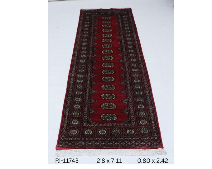 Hand-knotted Mohri Bokhara Cotton and Wool Rug, Geomatrical in Red base and Red border, 2.8 x 7.11 ft