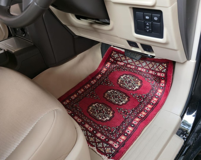 1.5 X 2 ft Geomatric Handmade Car Mats Pair, Red Wool Car Floor Rugs, Cotton and Wool Car Mats