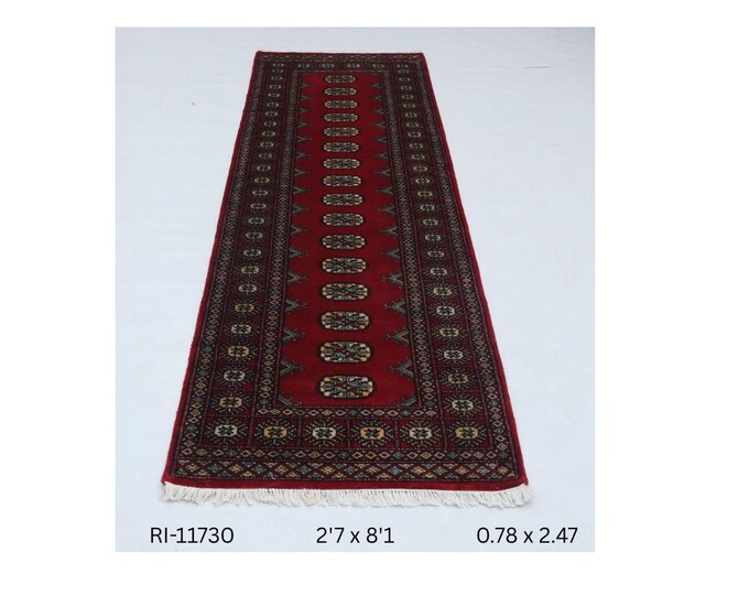 Hand-knotted Mohri Bokhara Wool Rug, Red Geometric Runner (2.7 x 8.1 ft)