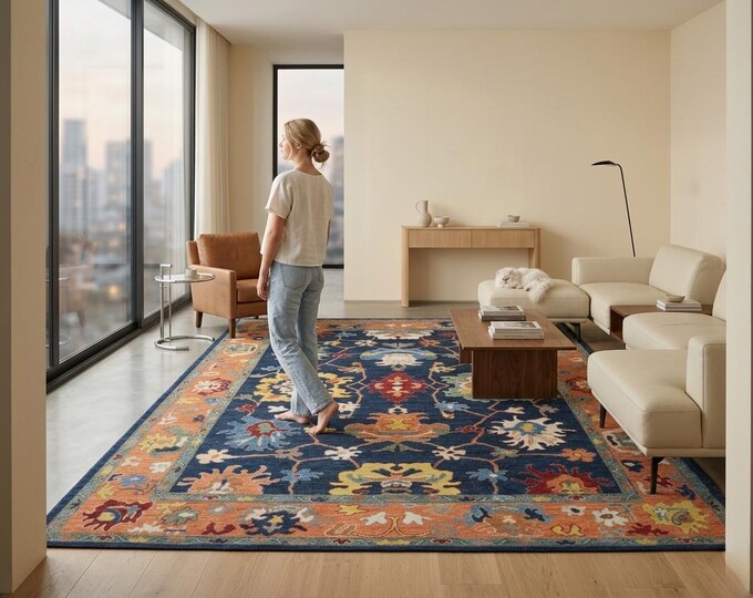 8.2 X 10.1 ft Blue and Copper Floral Handmade ,Oshak Wool