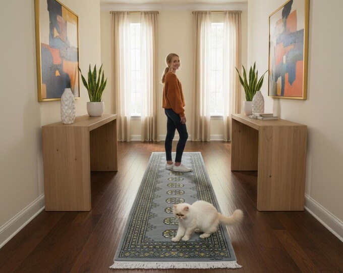 2.1 X 6.4 ft Gray Geomatrical Runner Handmade, Mori Bokhara Cotton and Wool