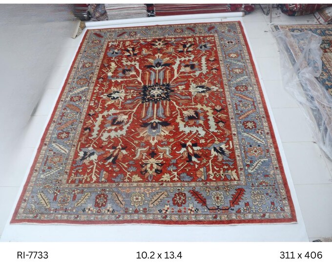 Hand-knotted Heriz Cotton and Wool Rug, Floral in Red base and Blue border, 10.2 x 13.4 ft