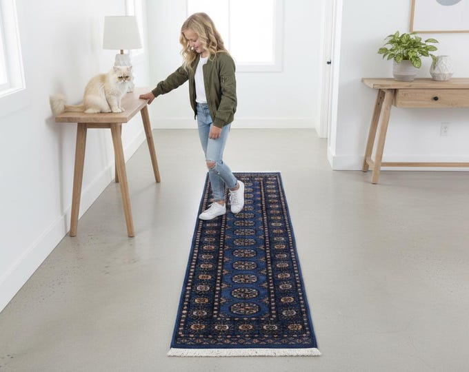 2.1 X 5.11 ft Blue Geomatrical Runner Handmade, Mori Bokhara Cotton and Wool