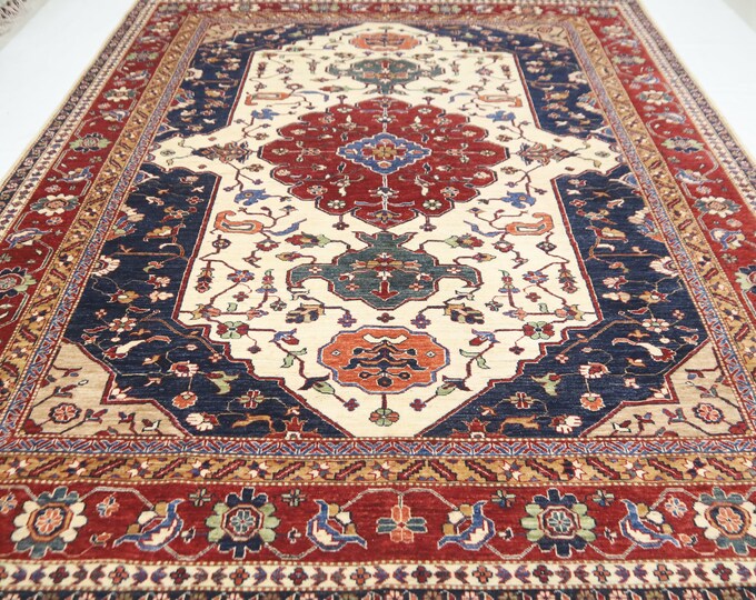 8x10 Ft Handmade Kazak Rug – Beige & Blue Medallion, Afghan Wool
