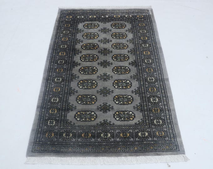 3.0 X 4.9 ft Gray Geomatrical Handmade Runner, Mori Bokhara Cotton and Wool