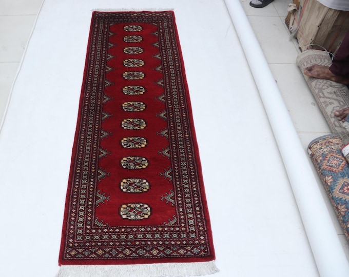 2.1 X 6.4 ft Red Geomatrical Handmade, Mori Bokhara Cotton and Wool
