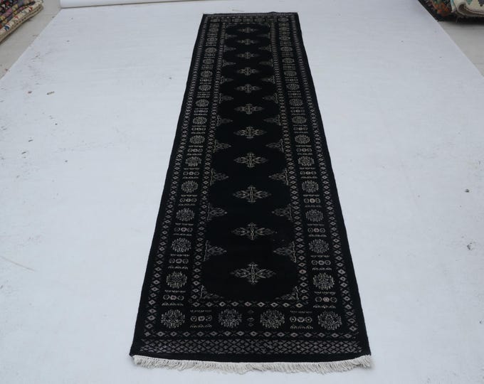 2.7 X 10.1 ft Black Geomatrical Handmade Runner, Mori Bokhara Cotton and Wool