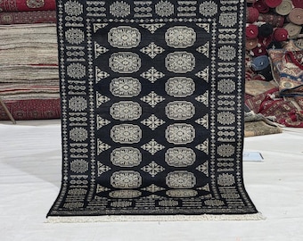 3 X 5 ft Geometrical Mori Bokhara Rug, Black, Handmade Cotton and Wool