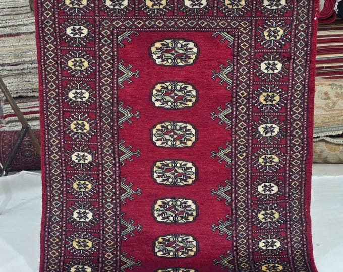 2.5 X 4 ft Red Geometrical Handmade, Mori Bokhara Rug Cotton and Wool