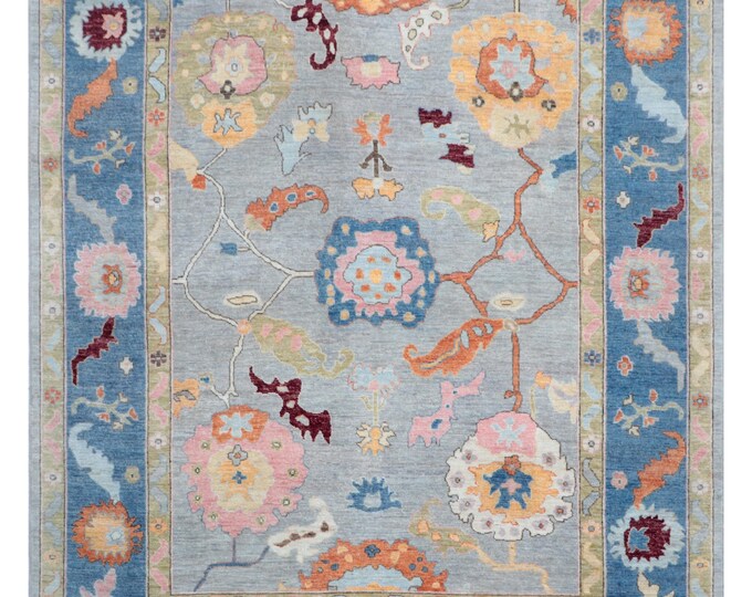 9.0 X 12.0 ft Blue Floral Handmade ,Oshak Wool
