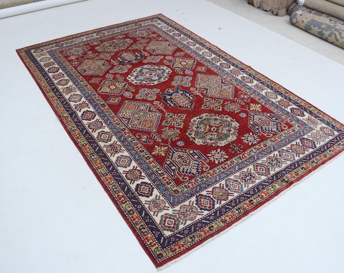 5.2 X 8.1 ft Red and Beige Geomatrical Handmade, Super Kazak Cotton and Wool
