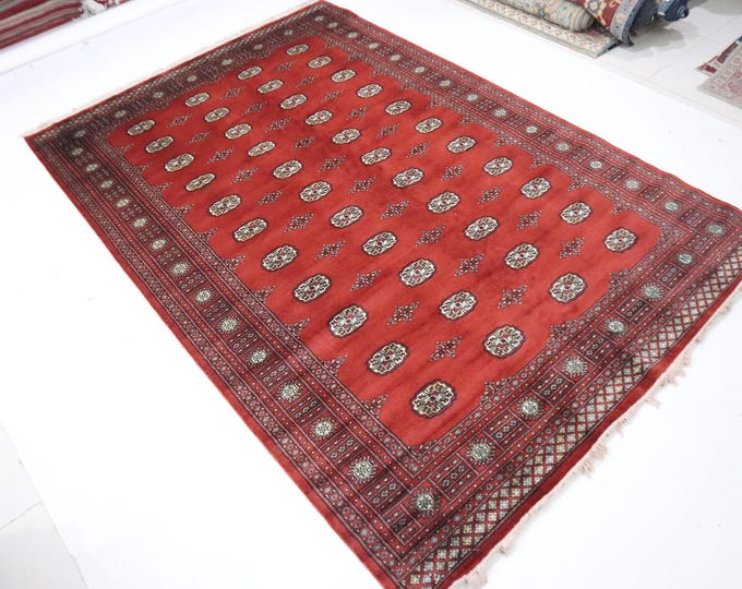 7 X 10 ft Handmade Geometrical Mori Bokhara Rug, Red, Cotton and Wool