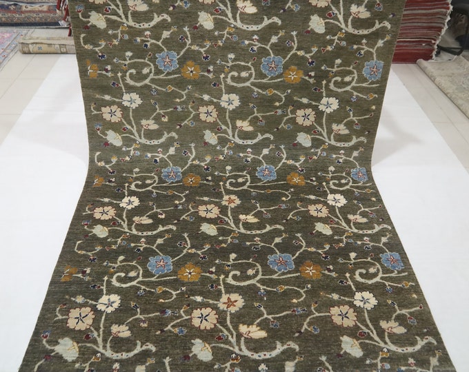 6x9 Afghan Chobi Rug – Greenish Gray Floral Wool, Handmade