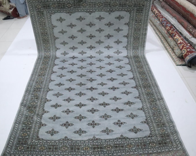 Gray 7x10 Mori Bokhara Rug, Hand-Knotted Wool, Tribal Geometric Design