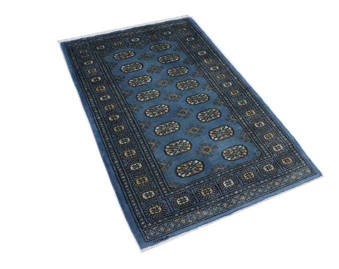 3.2 X 4.10 ft Blue Geomatrical Handmade, Mori Bokhara Cotton and Wool