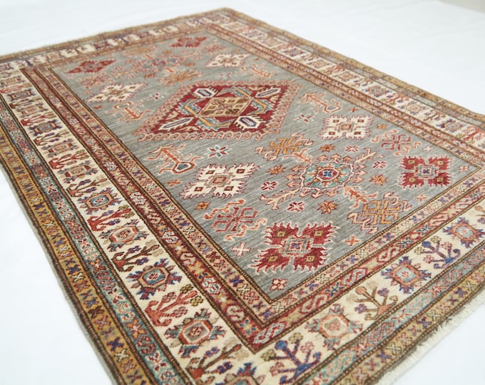 Gray Afghan Kazak Rug – 4x5 Hand Knotted Wool Geometric Rug