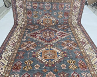 7 X 10 ft Handmade Geometrical Super Kazak Rug, Blue and Beige, Cotton and Wool