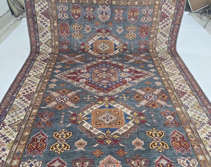 7 X 10 ft Handmade Geometrical Super Kazak Rug, Blue and Beige, Cotton and Wool