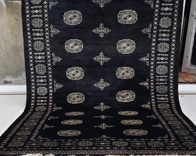 4.5 X 7 ft Black Geometrical Handmade , Mori Bokhara Cotton and Wool