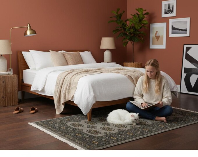 3.0 X 4.11 ft Gray Geomatrical Handmade Runner, Mori Bokhara Cotton and Wool