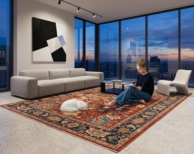 9.3 X 12.1 ft Blue and Copper Floral Handmade ,Heriz Cotton and Wool