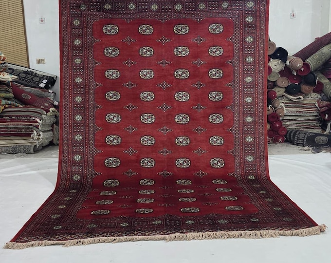 7 x 10 ft Red Geometrical Handmade, Mori Bokhara Cotton and Wool