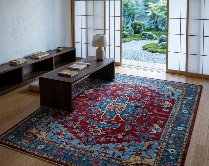 8.0 X 9.10 ft Red and Blue Floral Handmade ,Oshak Wool