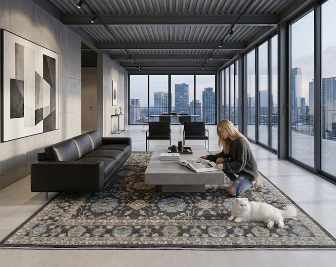 8.10 X 11.10 ft Black Geomatrical Handmade ,Heriz Cotton and Wool