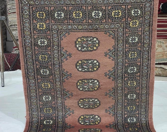 2.5 X 4 ft Copper Geometrical Handmade, Mori Bokhara Rug Cotton and Wool