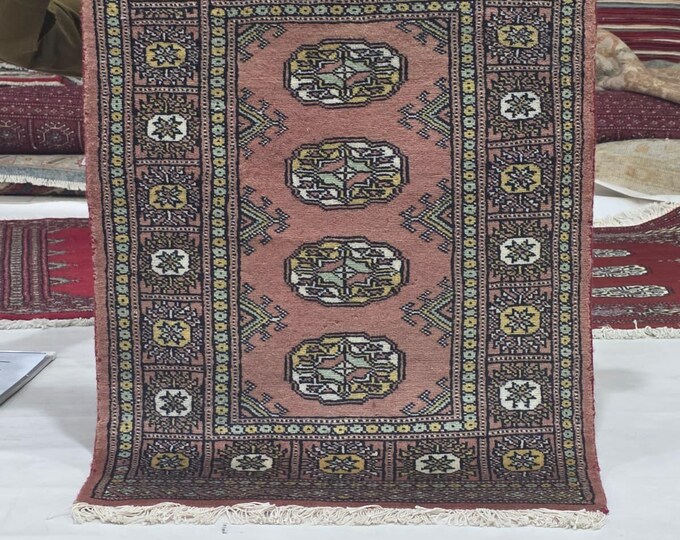 2 X 3 ft Copper Geometrical Handmade, Mori Bokhara Cotton and Wool