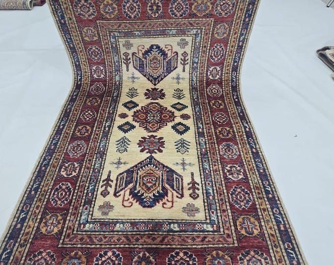 2.5 X 4 ft Handmade Geometrical Super Kazak Rug, Beige and Red, Cotton and Wool
