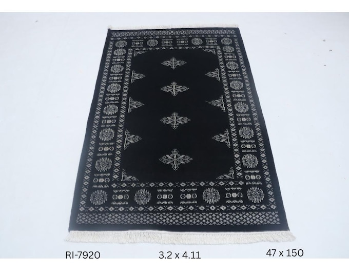 Hand-knotted Mori Bokhara Cotton and Wool Rug, Geomatrical in Black base and Black border, 3.2 x 4.11 ft