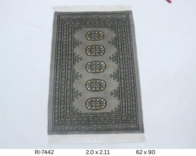 Hand-knotted Mori Bokhara Cotton and Wool Rug, Geomatrical in Gray base and Gray border, 2.0 x 2.11 ft