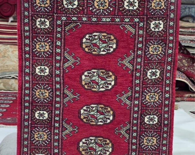 2 X 3 ft Red Geometrical Handmade, Mori Bokhara Cotton and Wool