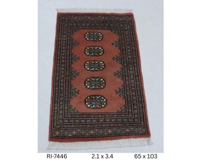 2 X 3 ft Copper Geometrical Handmade, Mori Bokhara Cotton and Wool