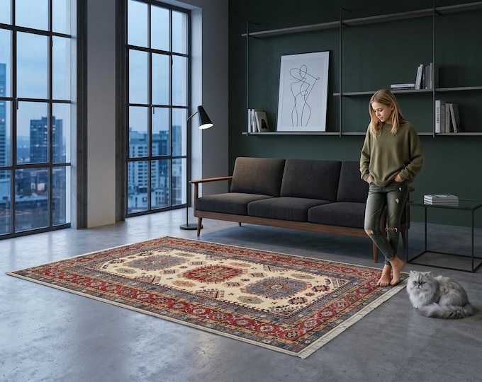 5.4 X 8.3 ft Beige and Red Geomatrical Handmade, Super Kazak Cotton and Wool