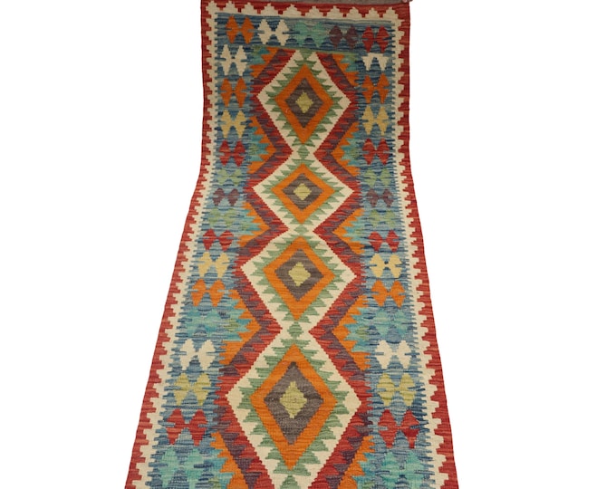 2.5 X 6.5 ft Runner Handmade Geometrical Killim Rug, Muilty, Wool