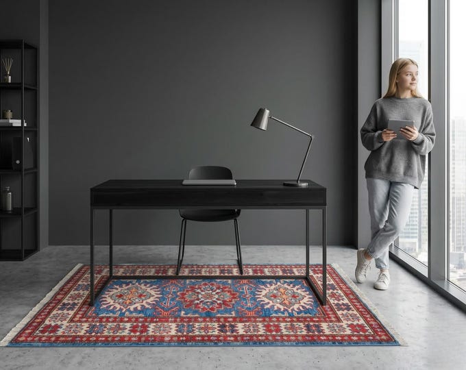 2.1 X 3.0 ft Blue and Beige Geomatrical Handmade , Super Kazak Cotton and Wool