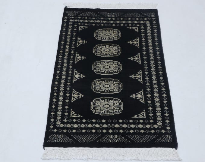2.0 X 3.0 ft Black Geomatrical Handmade ,Mori Bokhara Cotton and Wool