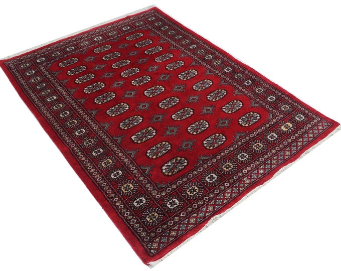 4.3 X 5.7 ft Red Geomatrical Handmade Runner, Mori Bokhara Cotton and Wool