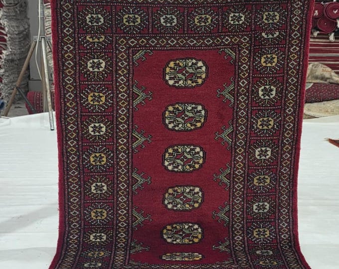 2.5 X 4 ft Red Geometrical Handmade, Mori Bokhara Rug Cotton and Wool