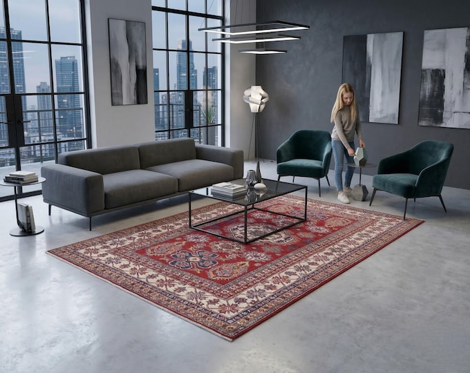 5.7 X 7.10 ft Red and Beige Geomatrical Handmade , Super Kazak Cotton and Wool