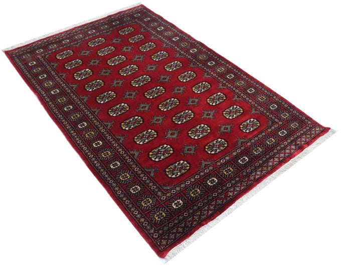 4.0 X 6.2 ft Red Geomatrical Handmade Runner, Mori Bokhara Cotton and Wool