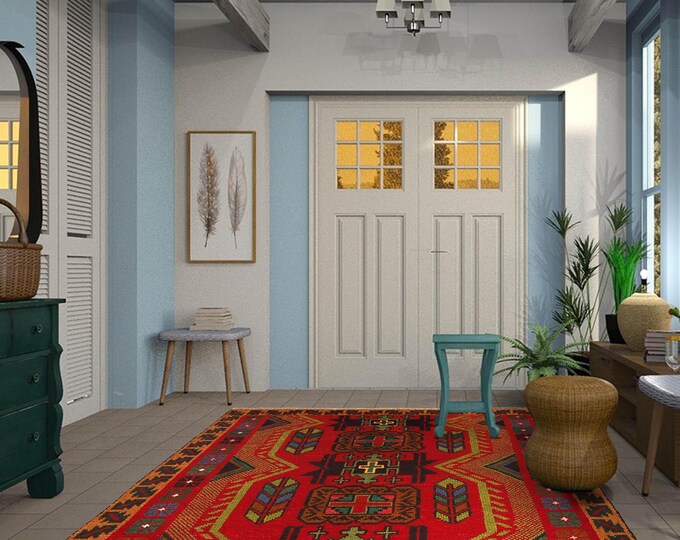 Hand-knotted Baluchi Yellow and Orange, 3.93 x 6.56 ft