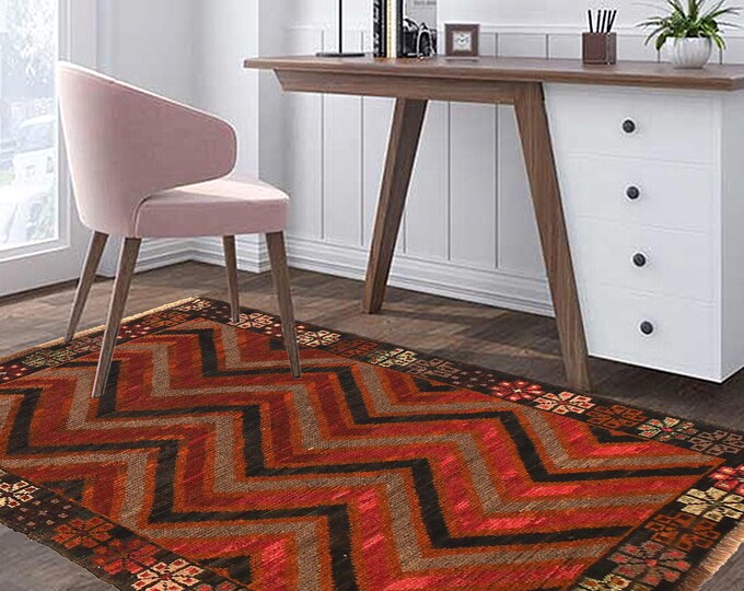 Hand-knotted Baluchi in Orange and Black 2.95 x 4.59 ft